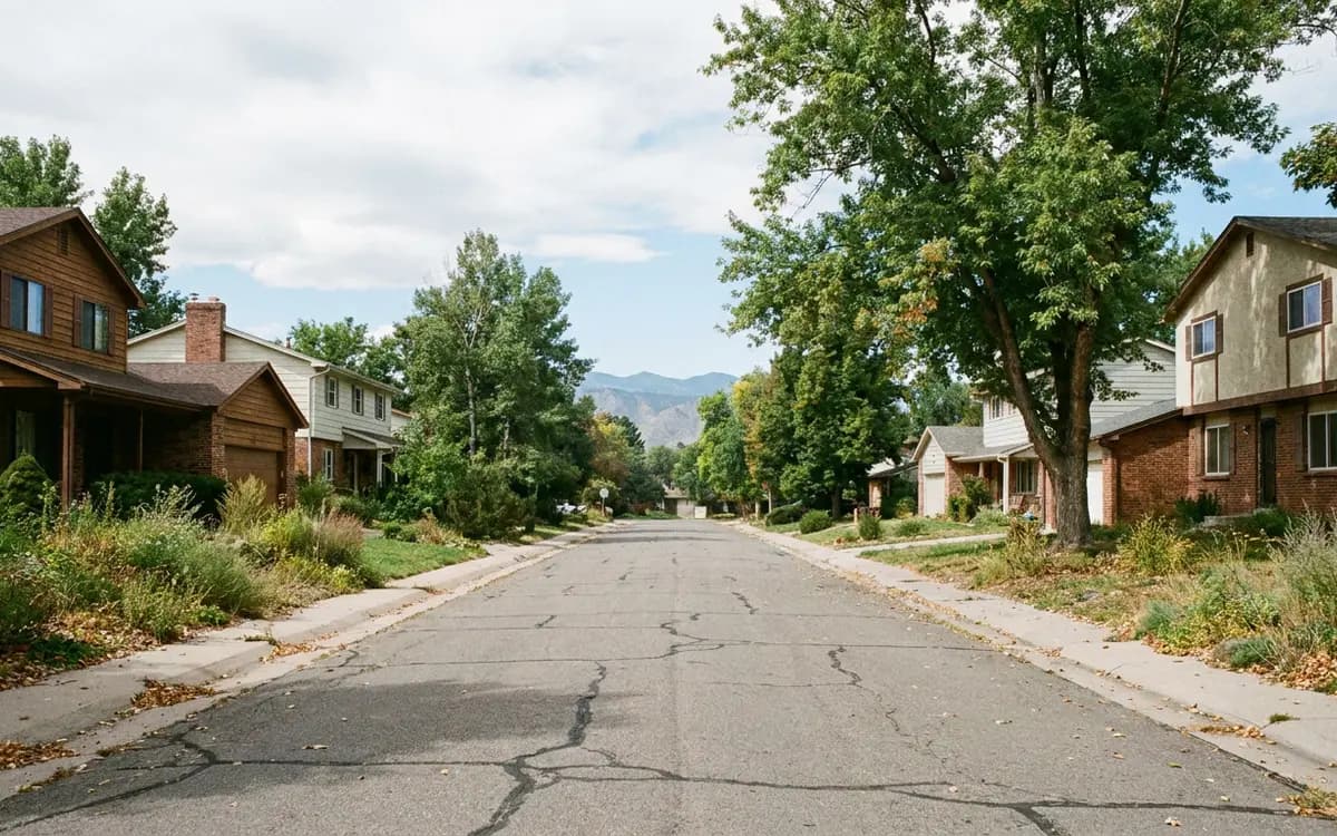Tree-lined suburban street of two-story homes with mountains faintly visible in the distance
