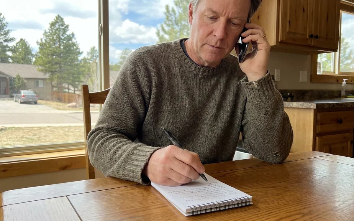 Homeowner at a kitchen table talking on a phone while writing notes on a notepad