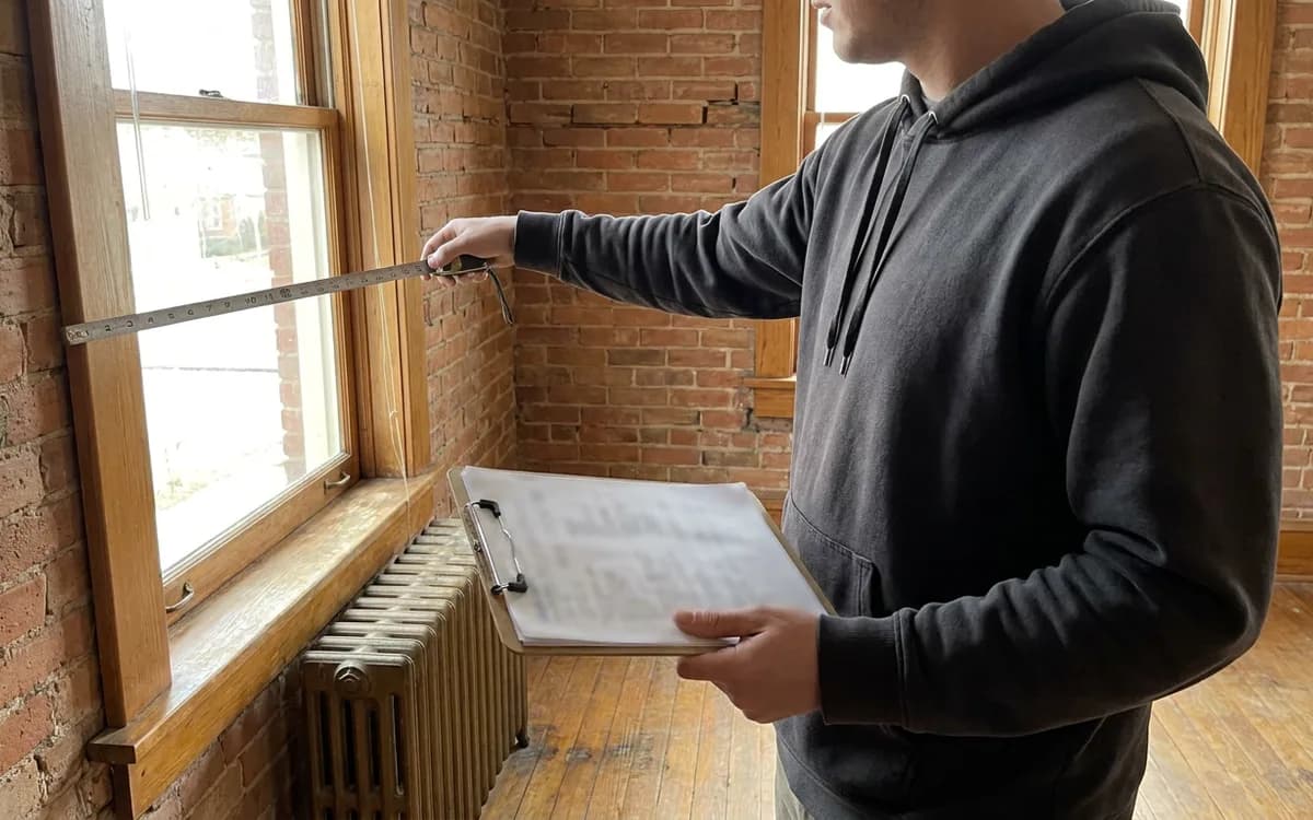 Technician holding a clipboard and measuring a living room window with a tape measure